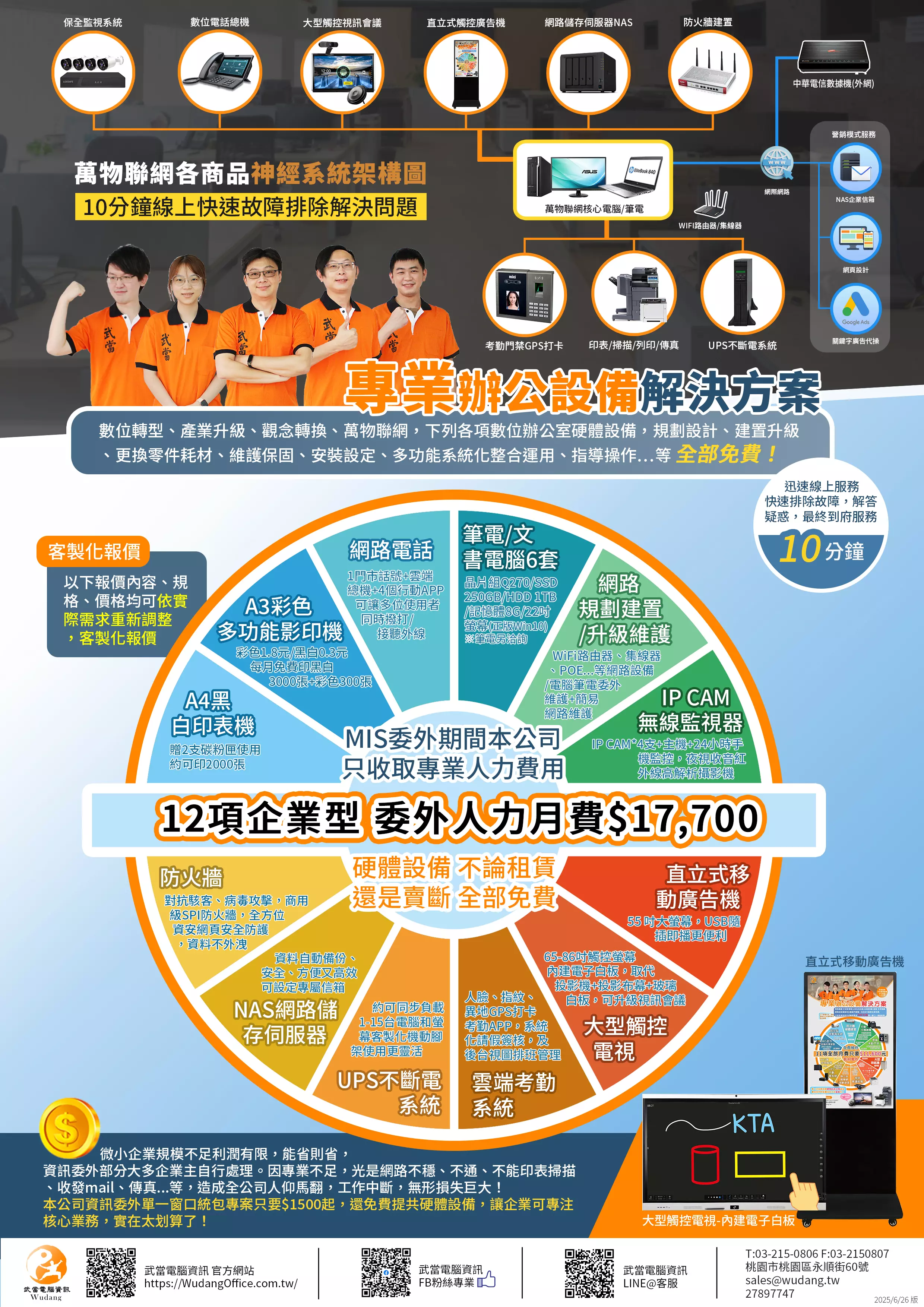 租賃 出租 電腦 筆電 MIS委外 防火牆 NAS UPS 辦公設備 影印機 印表機 事務機 大型觸控電視 電子白板 藍芽喇叭 數位電話分機 行動分機 考勤門禁 人臉 指紋打卡 保全監視系統 監視器 IPCAM 碎紙機 武當電腦